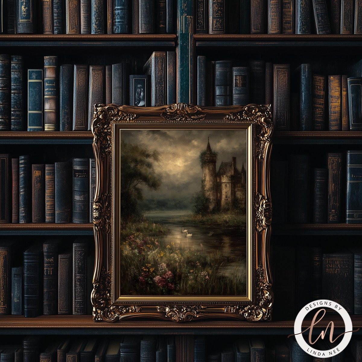 a large, ornate gold frame containing a painting of a castle and a lake, set against a cloudy sky. The painting is surrounded by a dark, bookshelf-like background, creating a sense of depth and atmosphere.