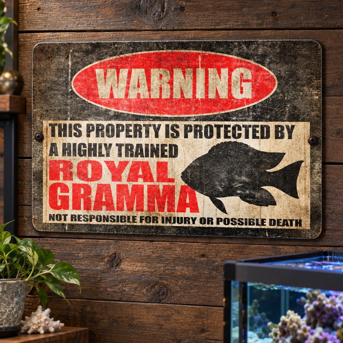 Royal gramma metal warning sign with WARNING header and the full injury or possible death disclaimer, front view