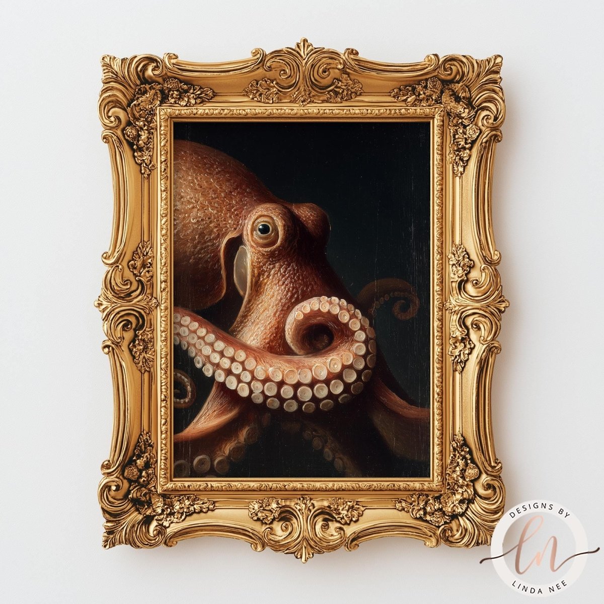 an octopus with its tentacles spread out, displayed in an ornate gold frame.