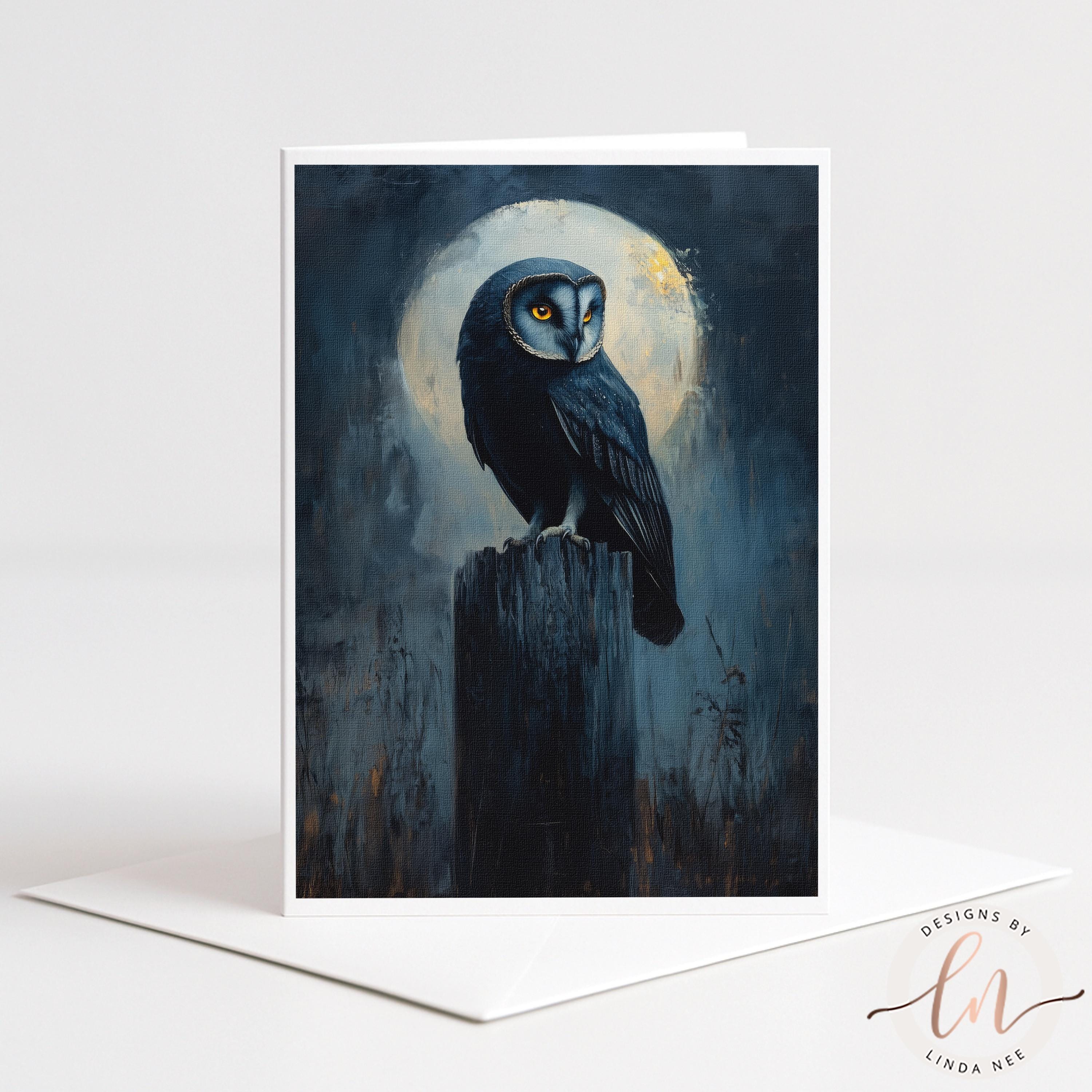 The image is a painting of a black owl perched on a wooden post, with a full moon in the background.
