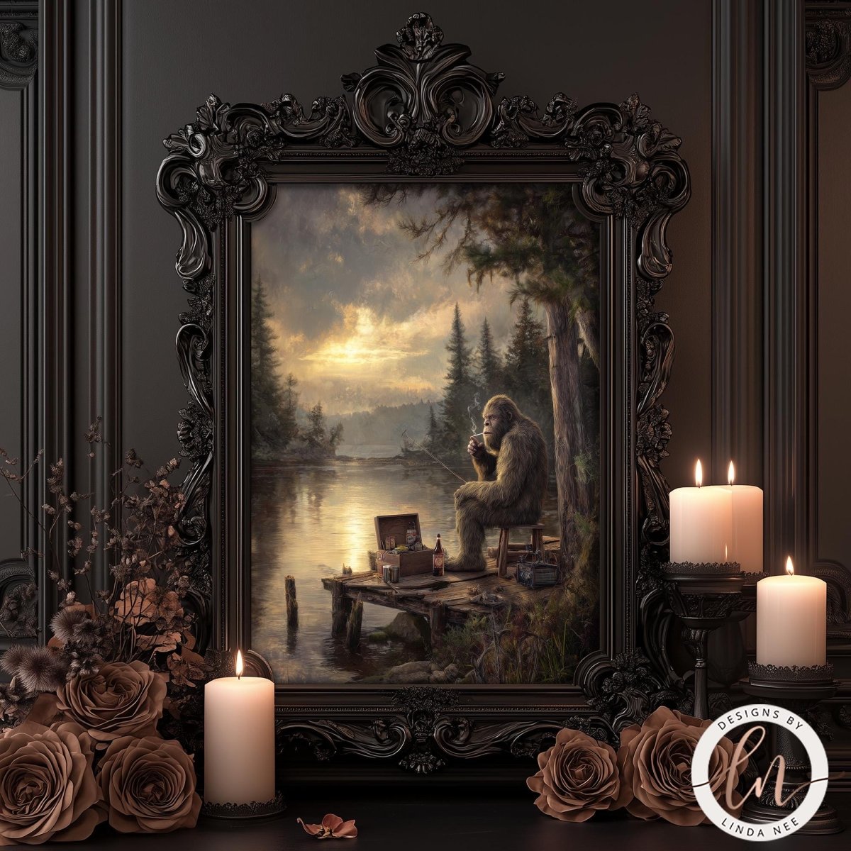 A painting of a Bigfoot sitting on a dock by a lake, surrounded by trees and a cloudy sky.