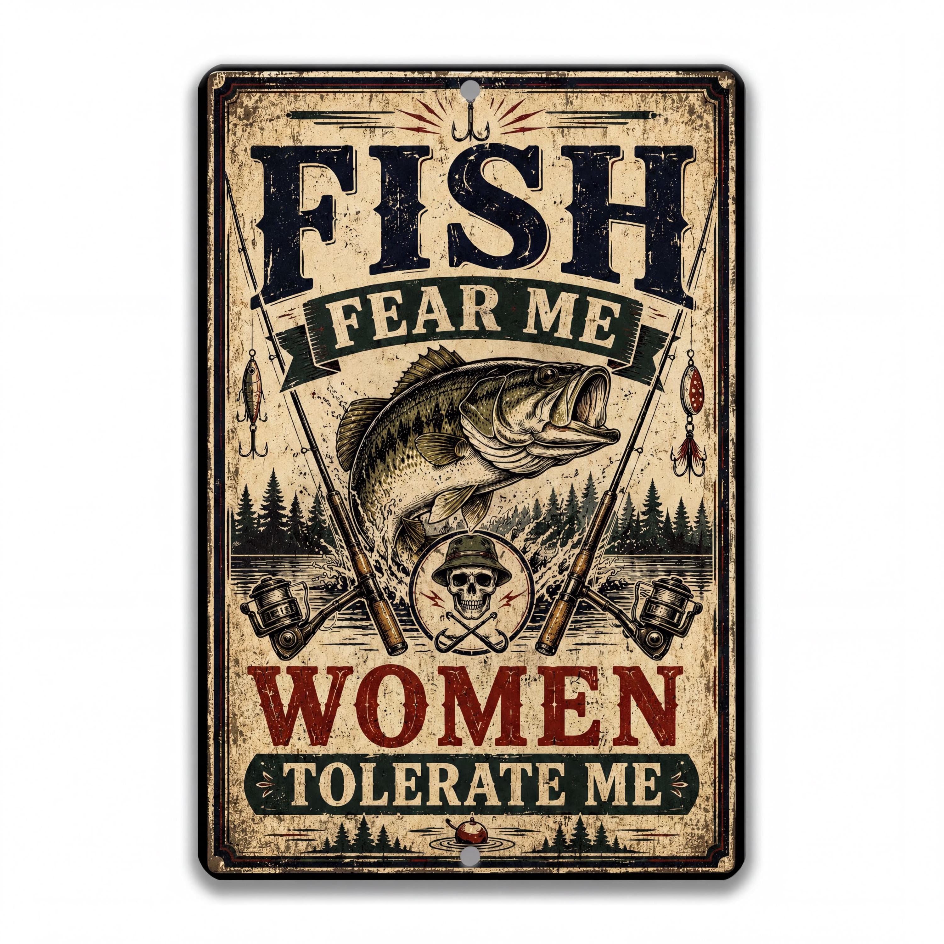 Vintage-style metal fishing sign featuring a largemouth bass, fishing rods, lures, and the humorous quote Fish Fear Me Women Tolerate Me in cream, black, green, and red.