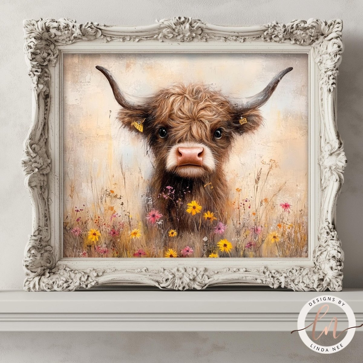 A framed painting of a Highland cow surrounded by a field of wildflowers.