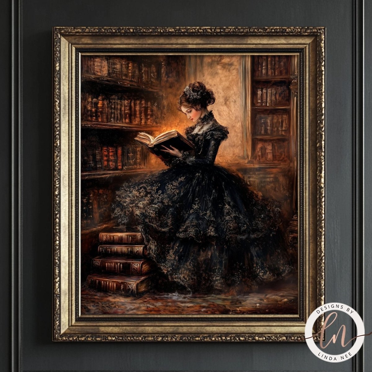 Woman sitting on a chair reading in an ornate black dress