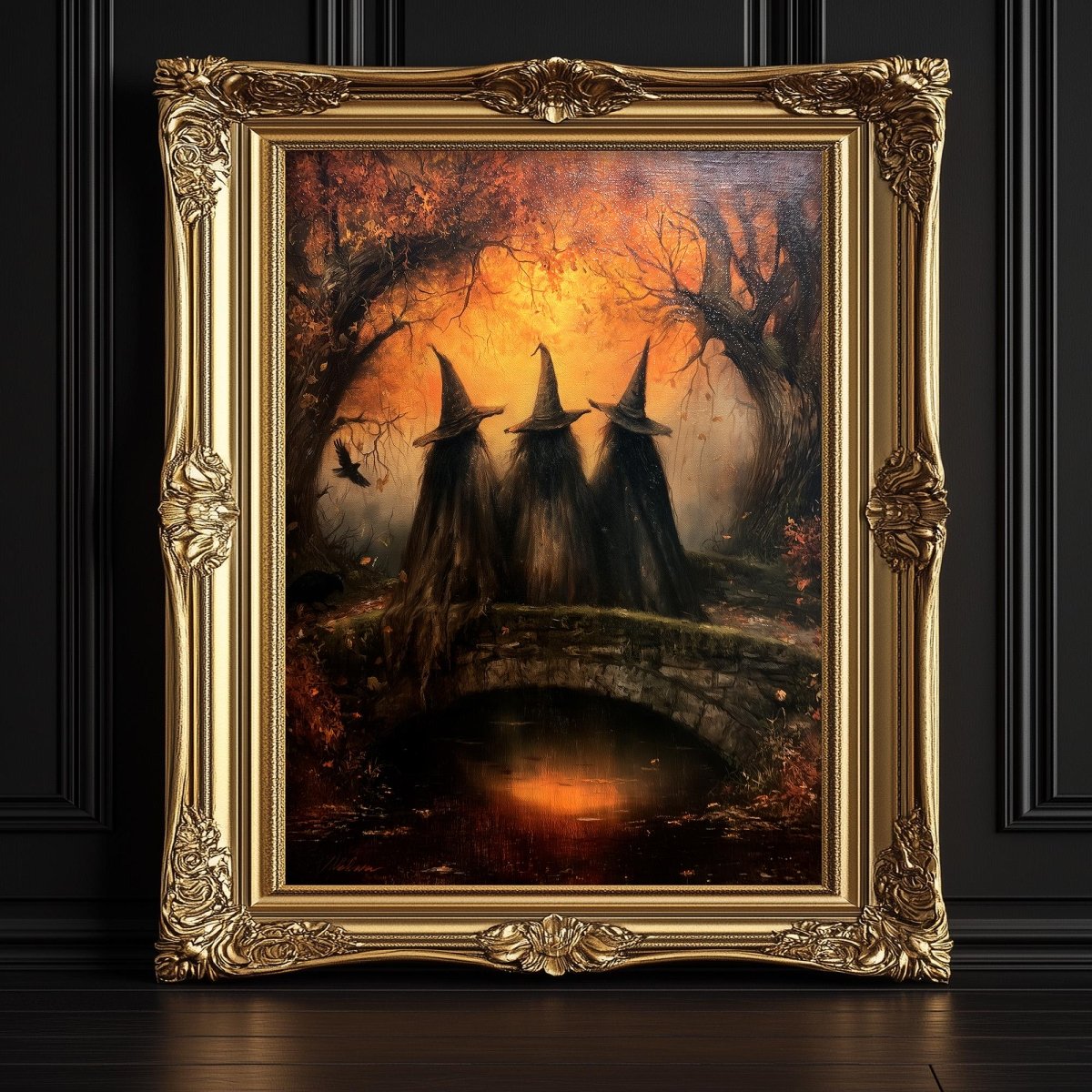 Three witch silhouettes on a stone bridge against a moody autumn sky