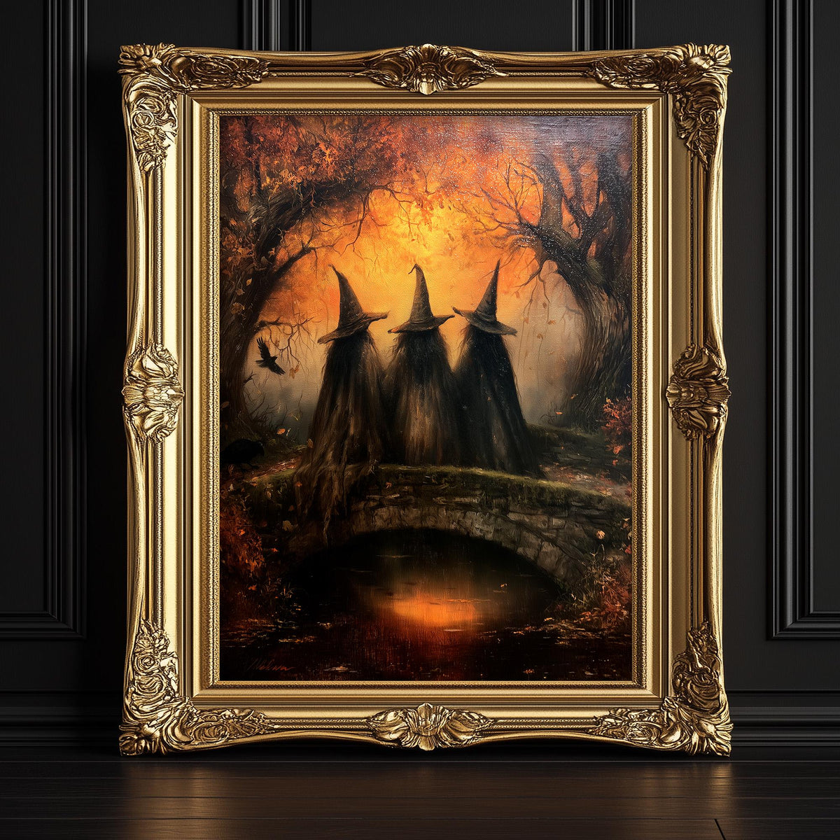 Three witch silhouettes on a stone bridge against a moody autumn sky