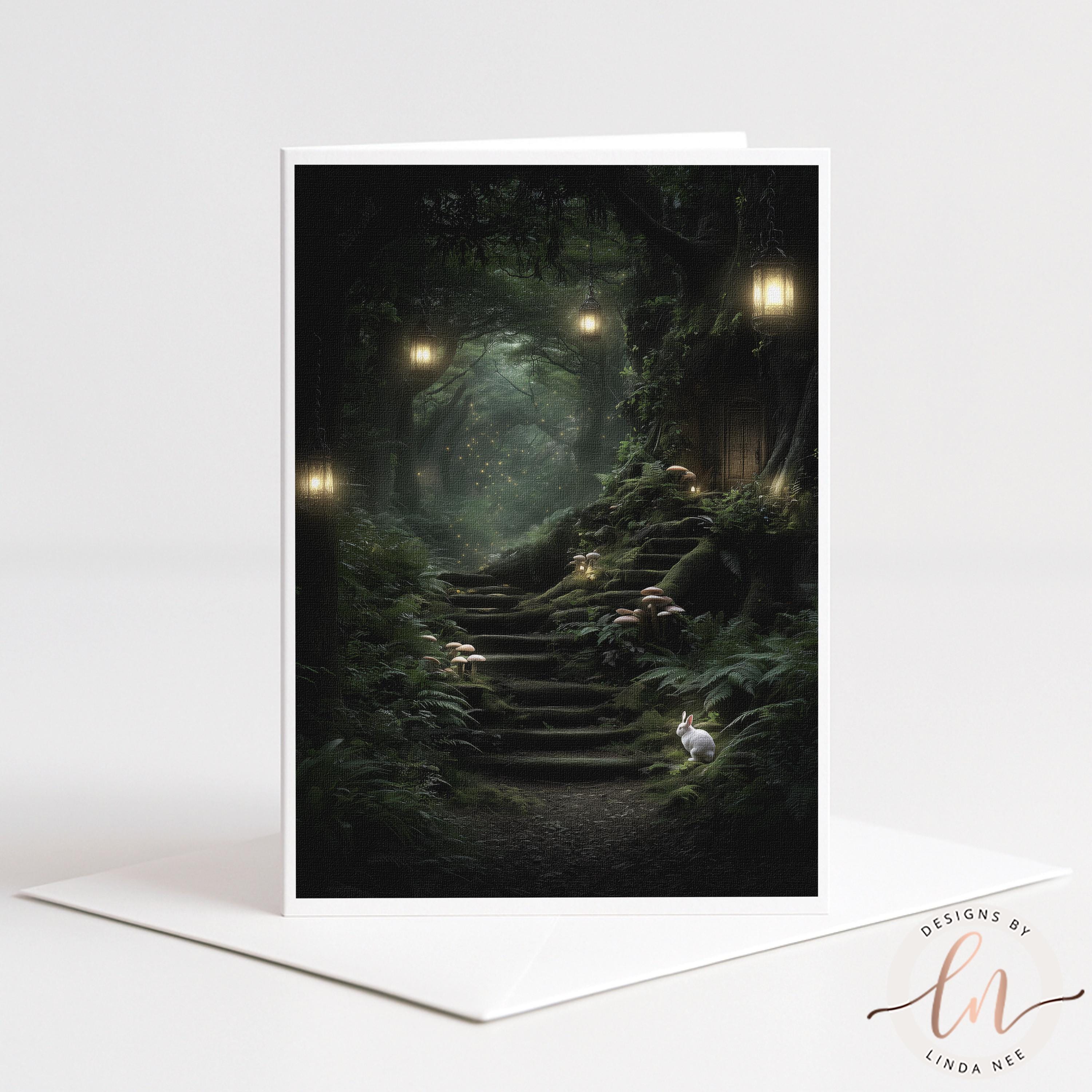 A whimsical forest scene with a winding path leading up to a set of stairs, illuminated by lanterns hanging from the trees.