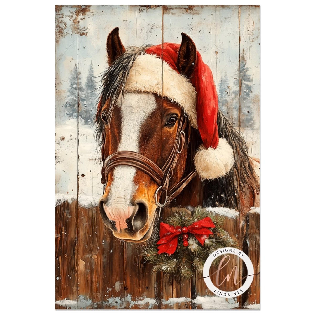 A brown horse wearing a Santa hat stands in front of a wooden fence, with a wreath of greenery and snow on the fence.