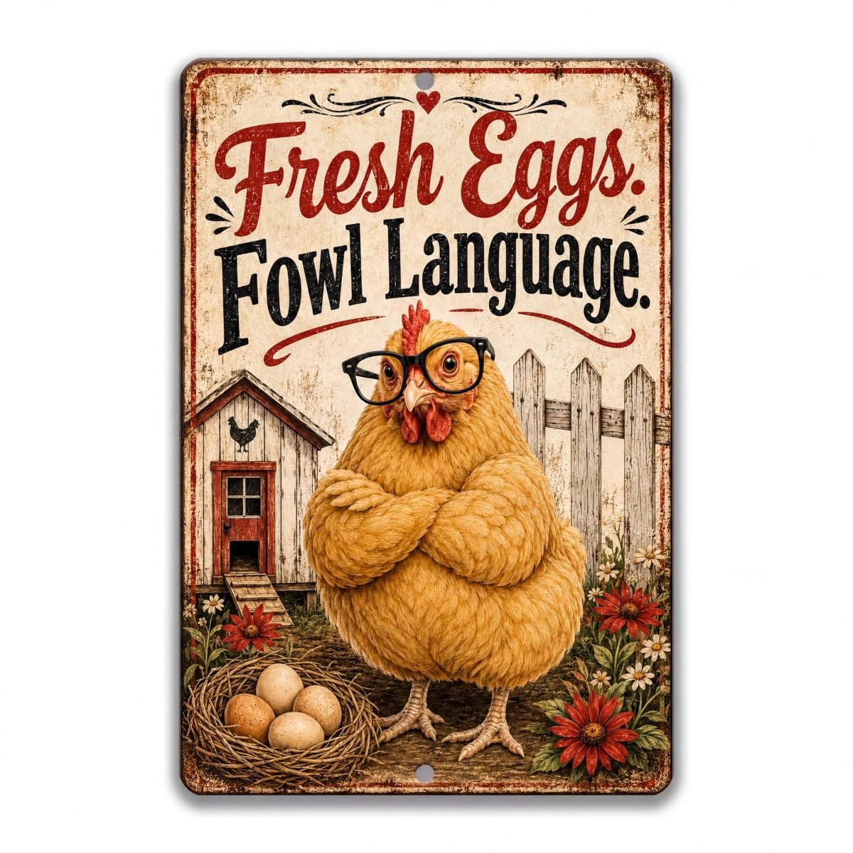 a chicken wearing glasses and standing in front of a nest with eggs, with a sign above that says "Fresh Eggs. Fowl Language."