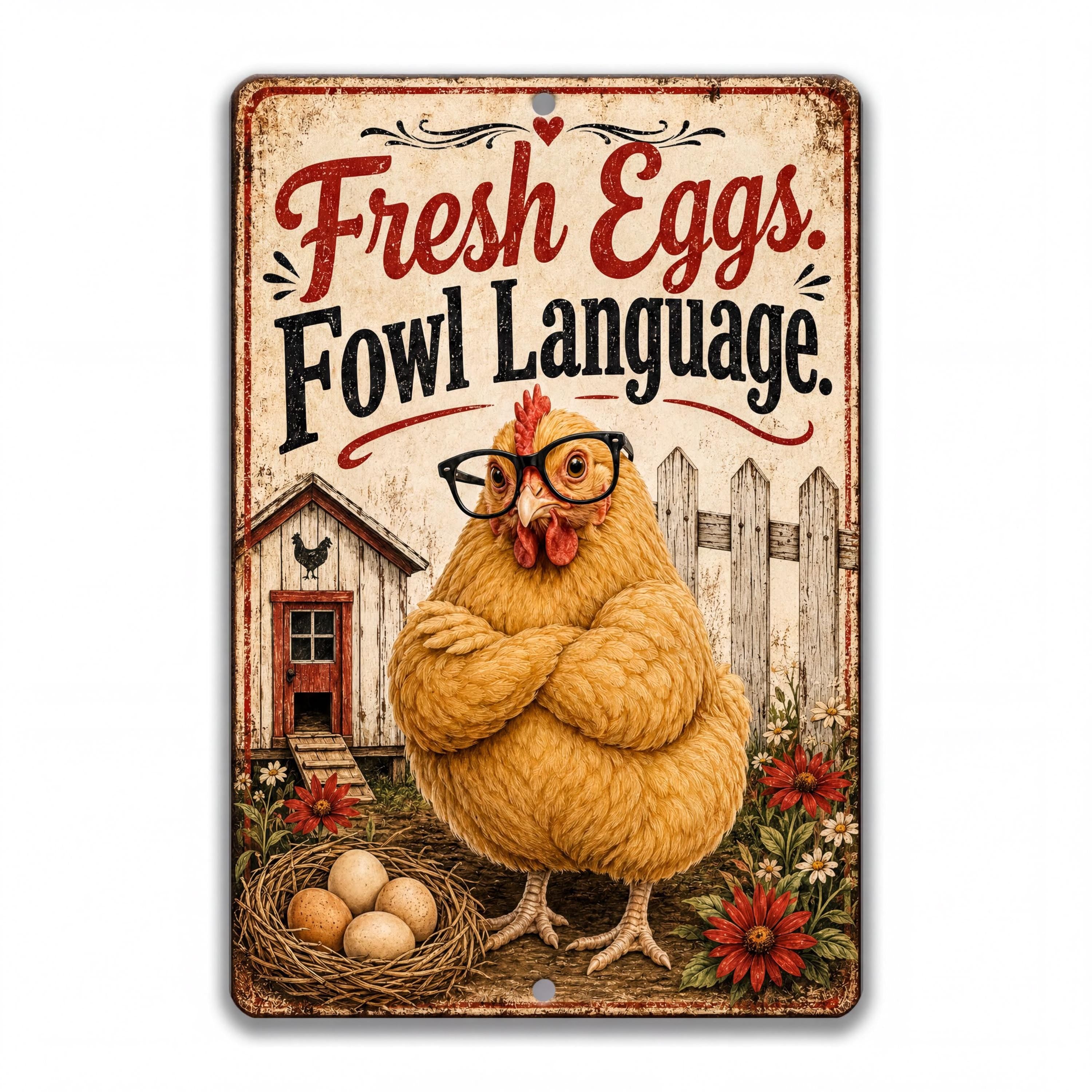 a chicken wearing glasses and standing in front of a nest with eggs, with a sign above that says "Fresh Eggs. Fowl Language."