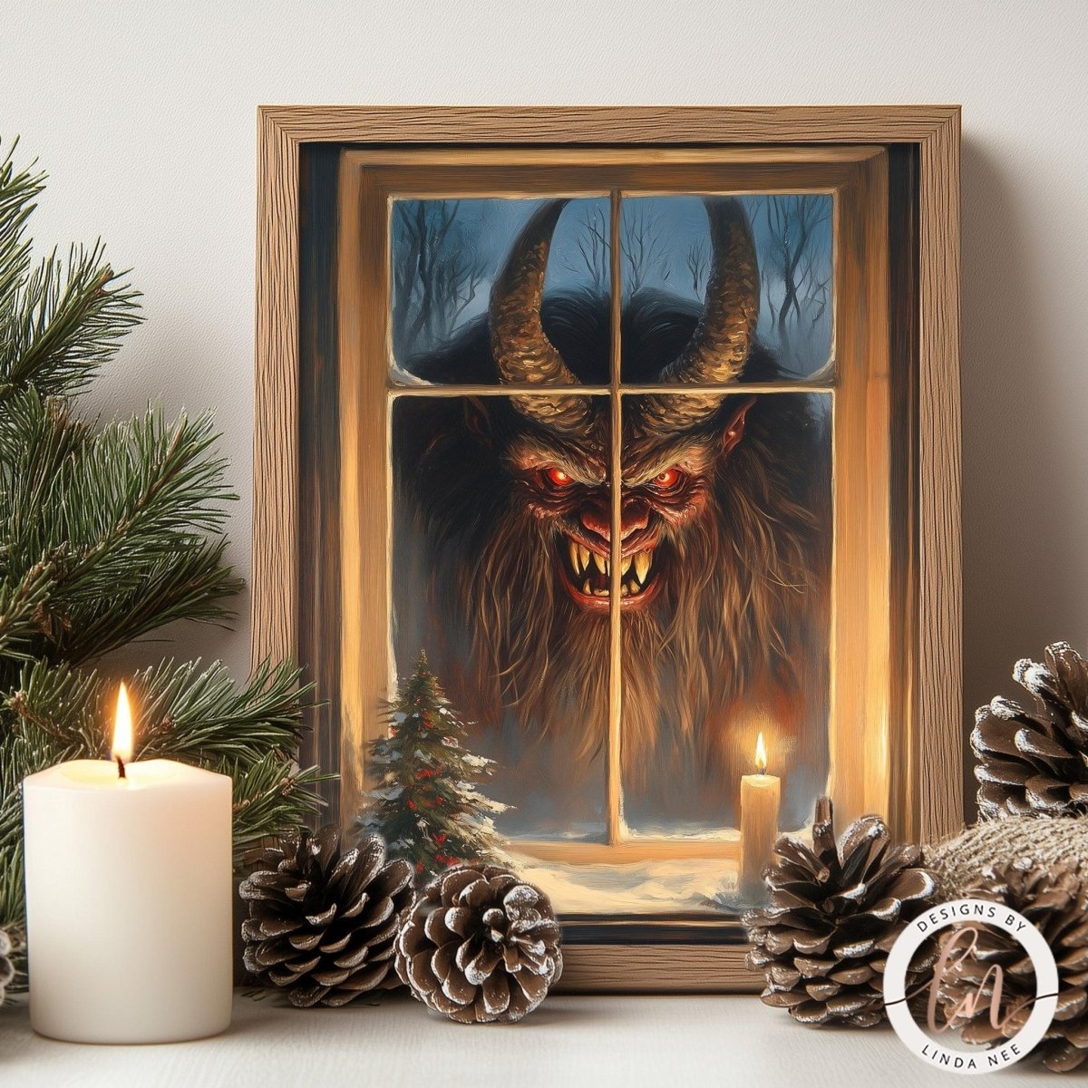 Krampus with curved horns and glowing red eyes snarling through a four pane window at night