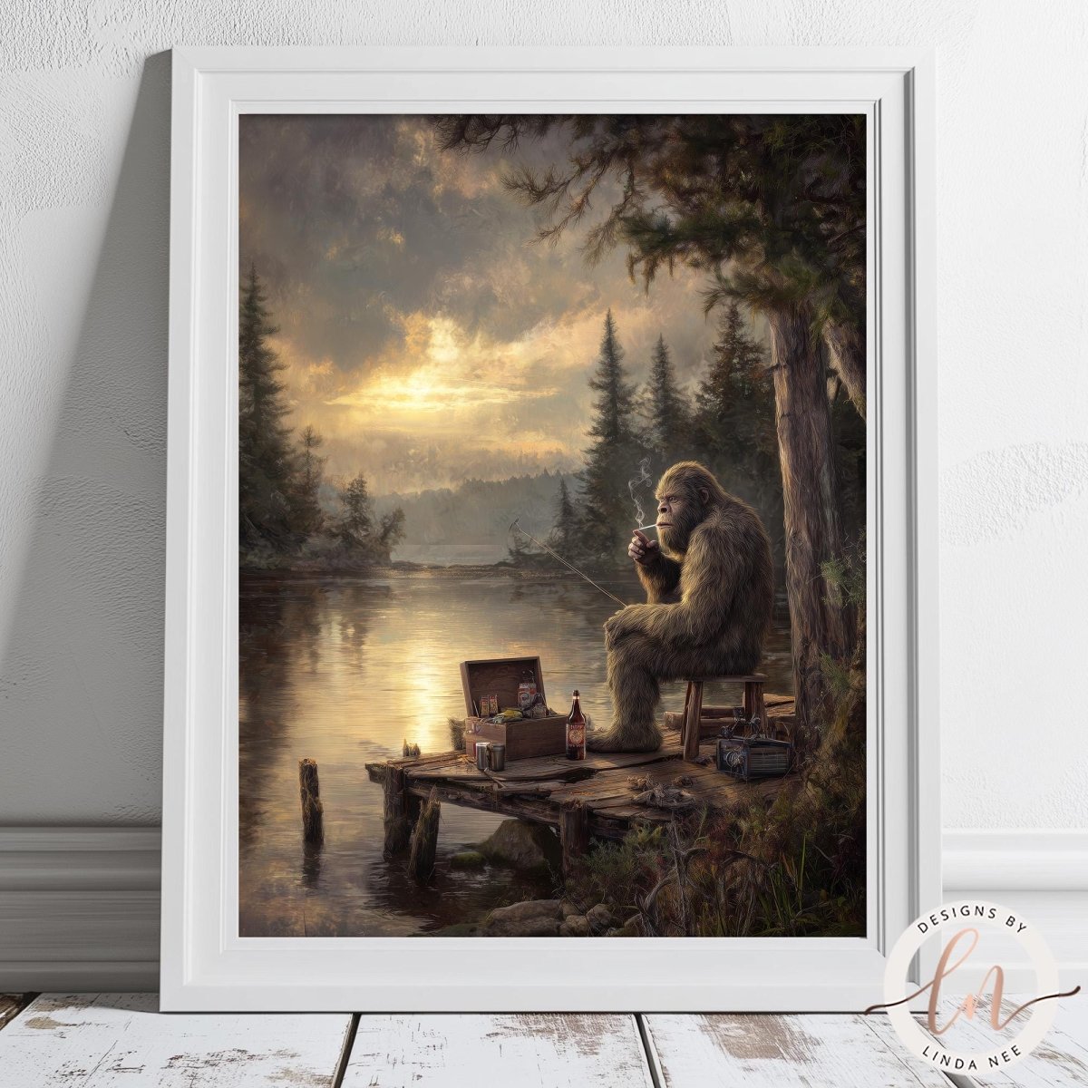 A person sitting on a dock by a lake, smoking a cigarette and surrounded by trees and a cloudy sky.