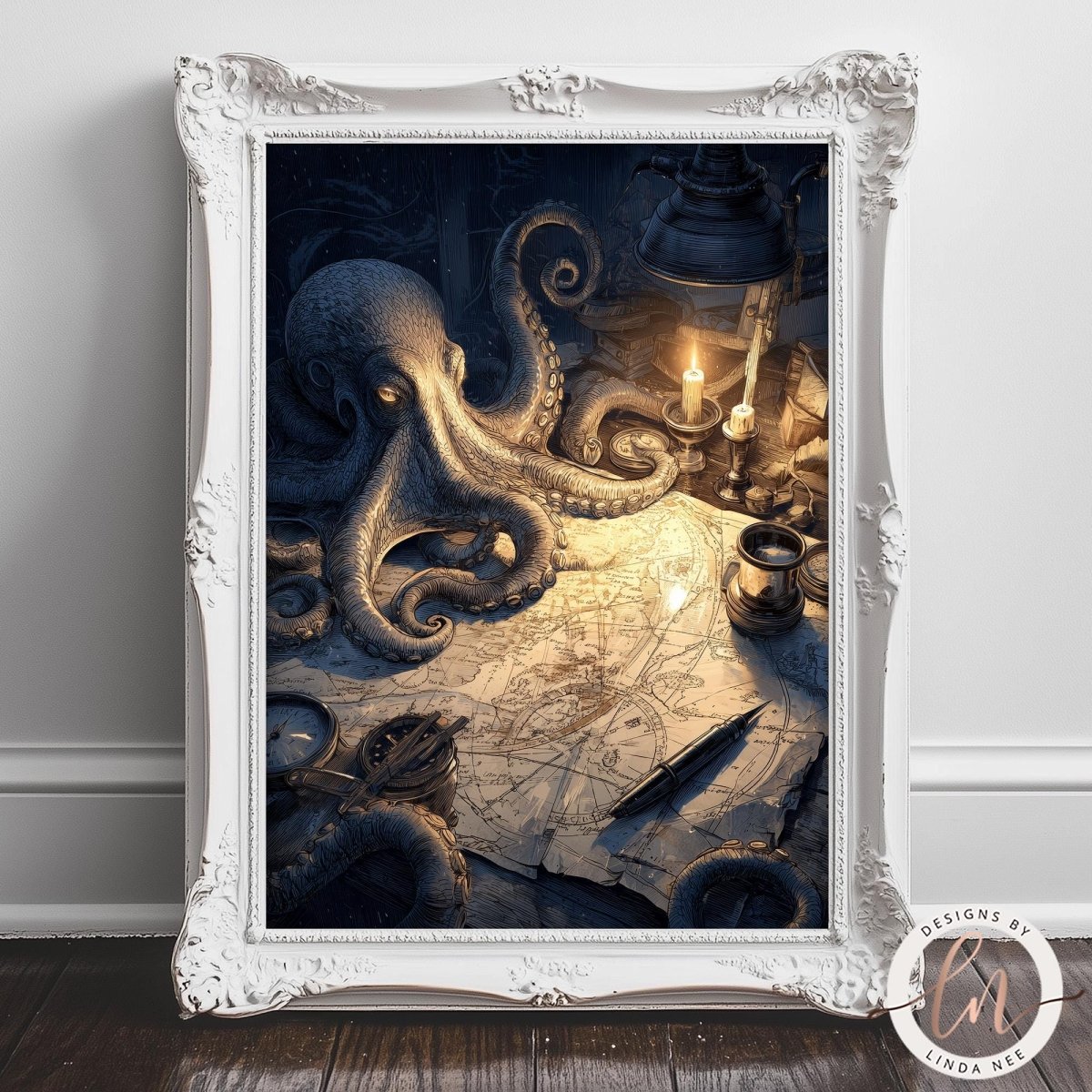 The image is a framed artwork depicting an octopus with tentacles spread out, surrounded by various objects such as a map, a candle, and a cup.