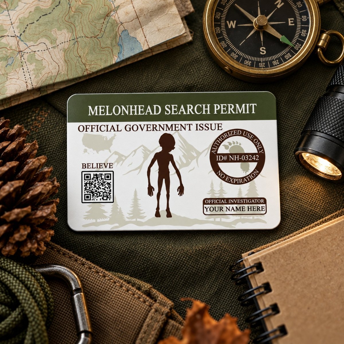 a Melonhead Search Permit, a government-issued permit, with a QR code and a silhouette of a person. The permit is placed on top of various outdoor gear items, such as a compass, a flashlight, and a map.