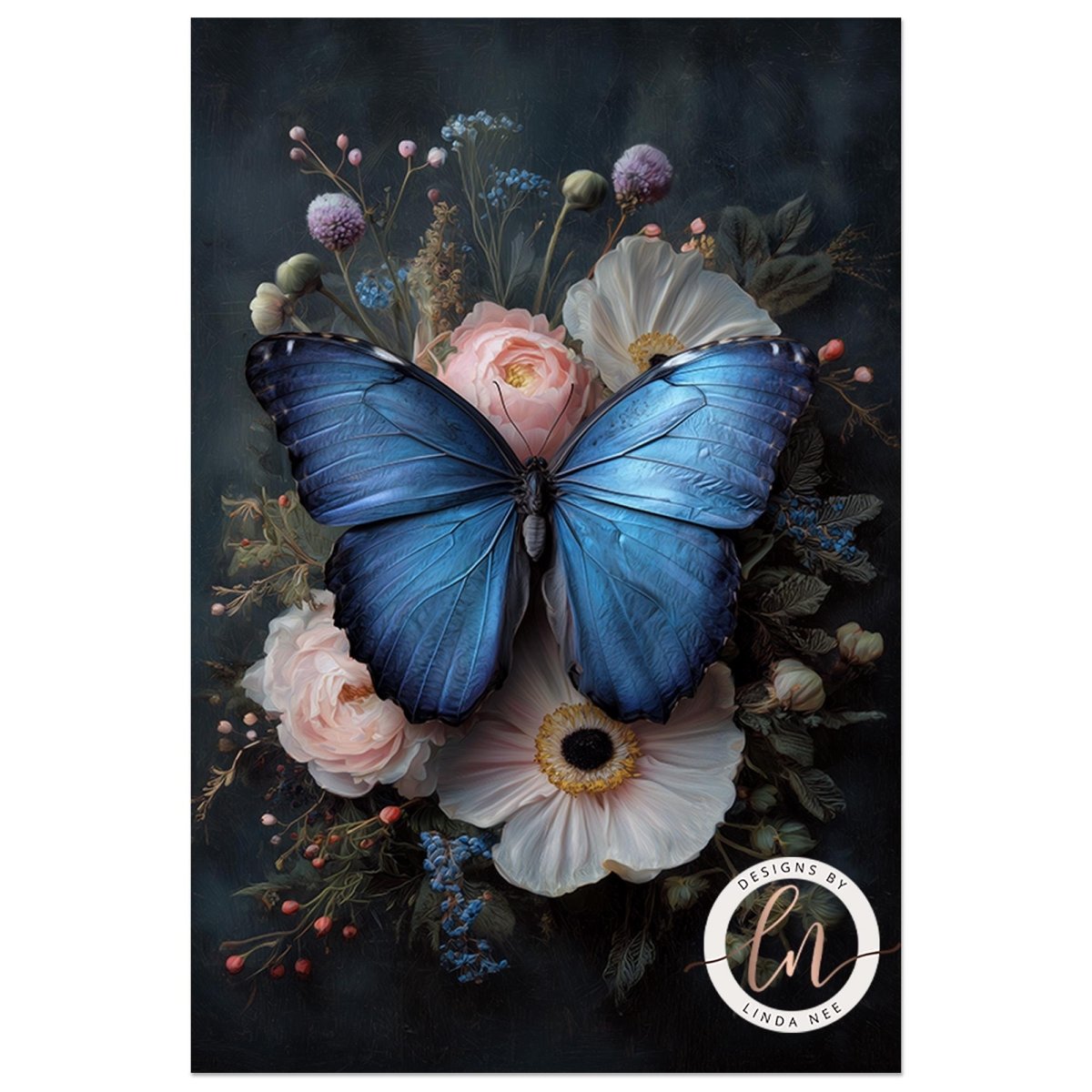 A blue butterfly rests on a vibrant floral arrangement, including pink roses, white daisies, and purple flowers, against a dark background.