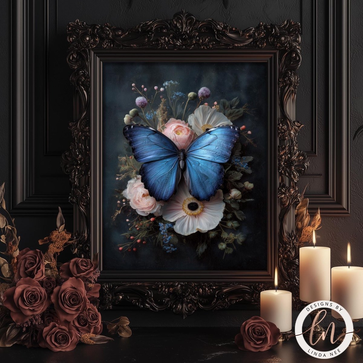 a framed painting of a blue butterfly surrounded by a floral arrangement, with candles and roses in the foreground.