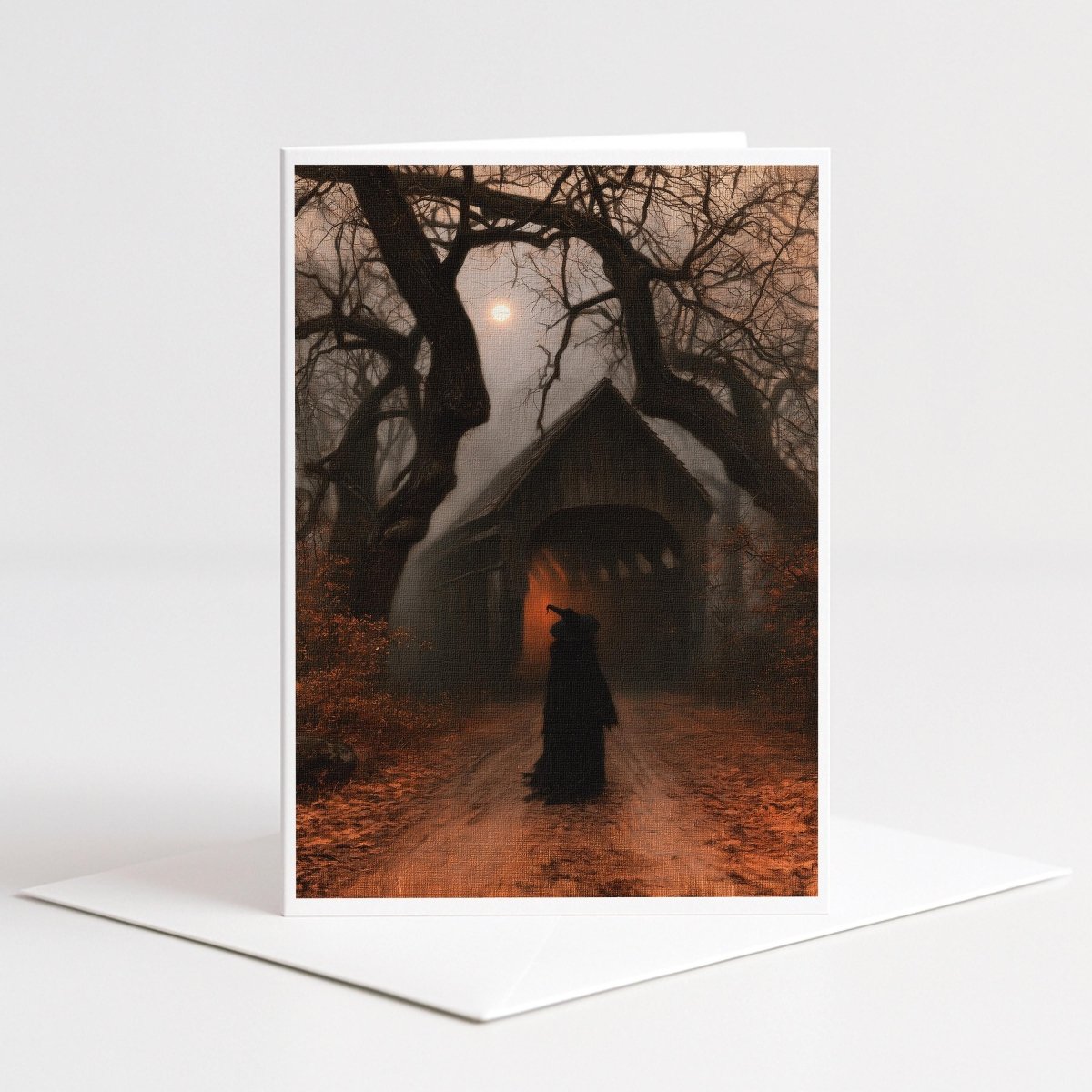 Witch walking a moonlit forest path beneath twisted trees, New England Halloween note card art