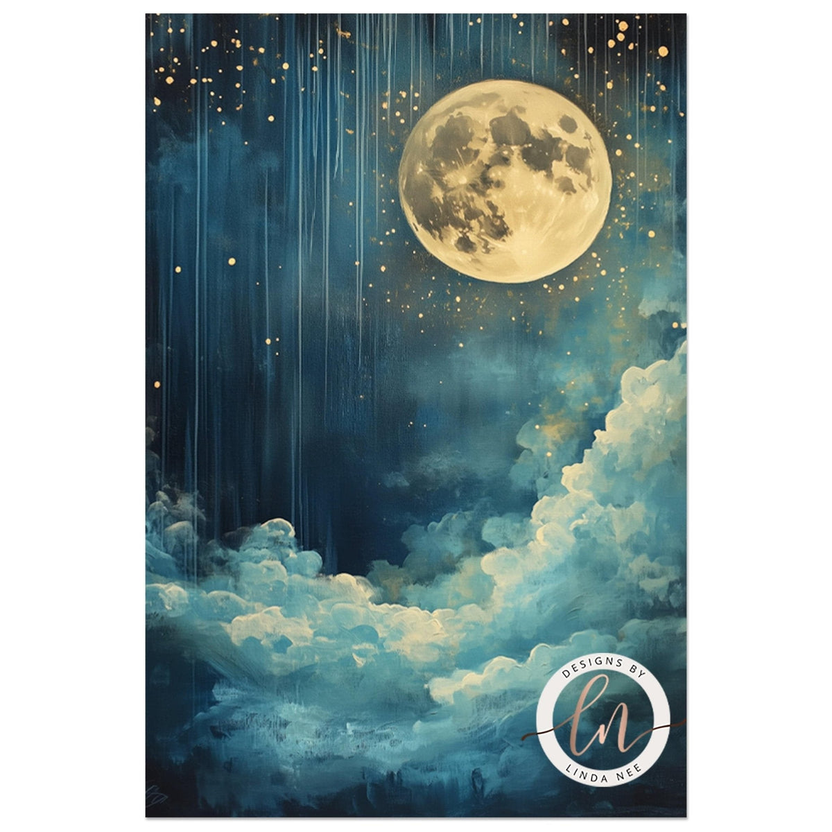 a large, full moon shining brightly in a starry night sky, with fluffy white clouds below.