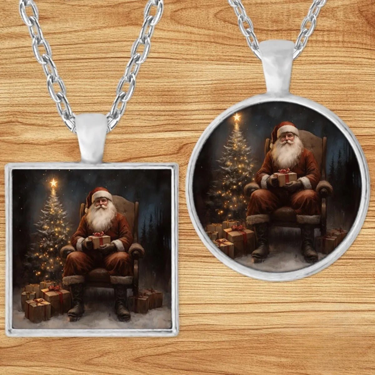 Christmas Eve Santa pendant necklace shown in round and square silver charm styles on a wood background