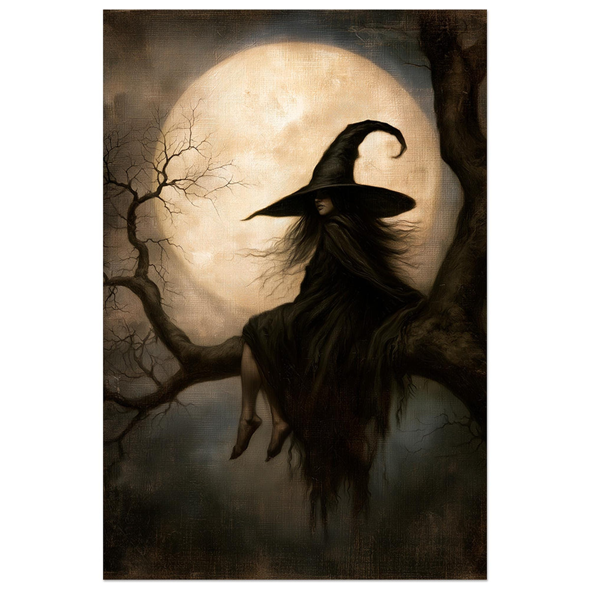 Witch in a dark cloak and hat seated on a bare branch against a huge full moon