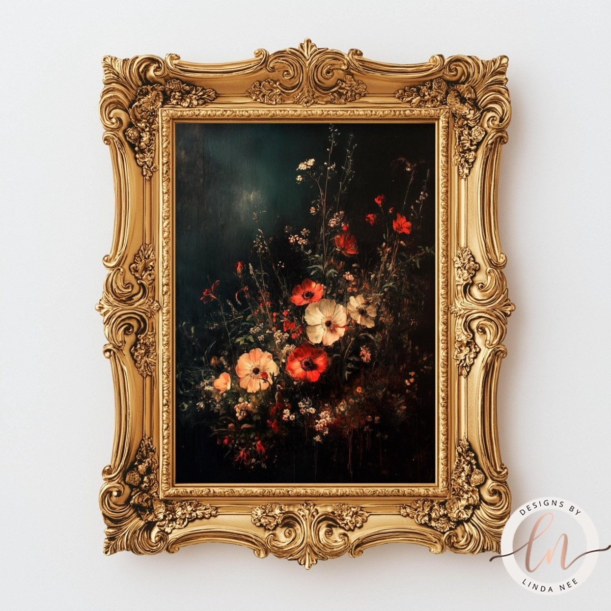 Dark wilted florals artwork shown with rich layered tones