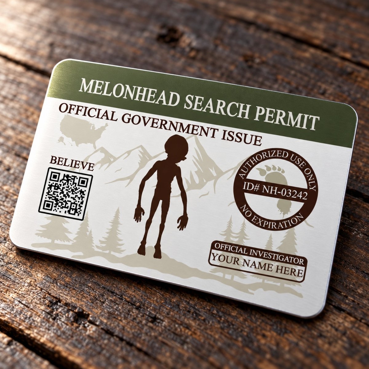 The image is a search permit card for the Melonhead search, featuring a silhouette of an alien and a QR code.