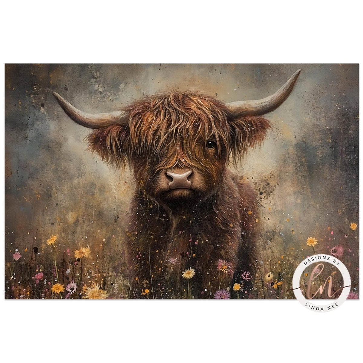 A close-up portrait of a shaggy-haired, horned animal, likely a yak or a similar bovine species, standing amidst a field of flowers.