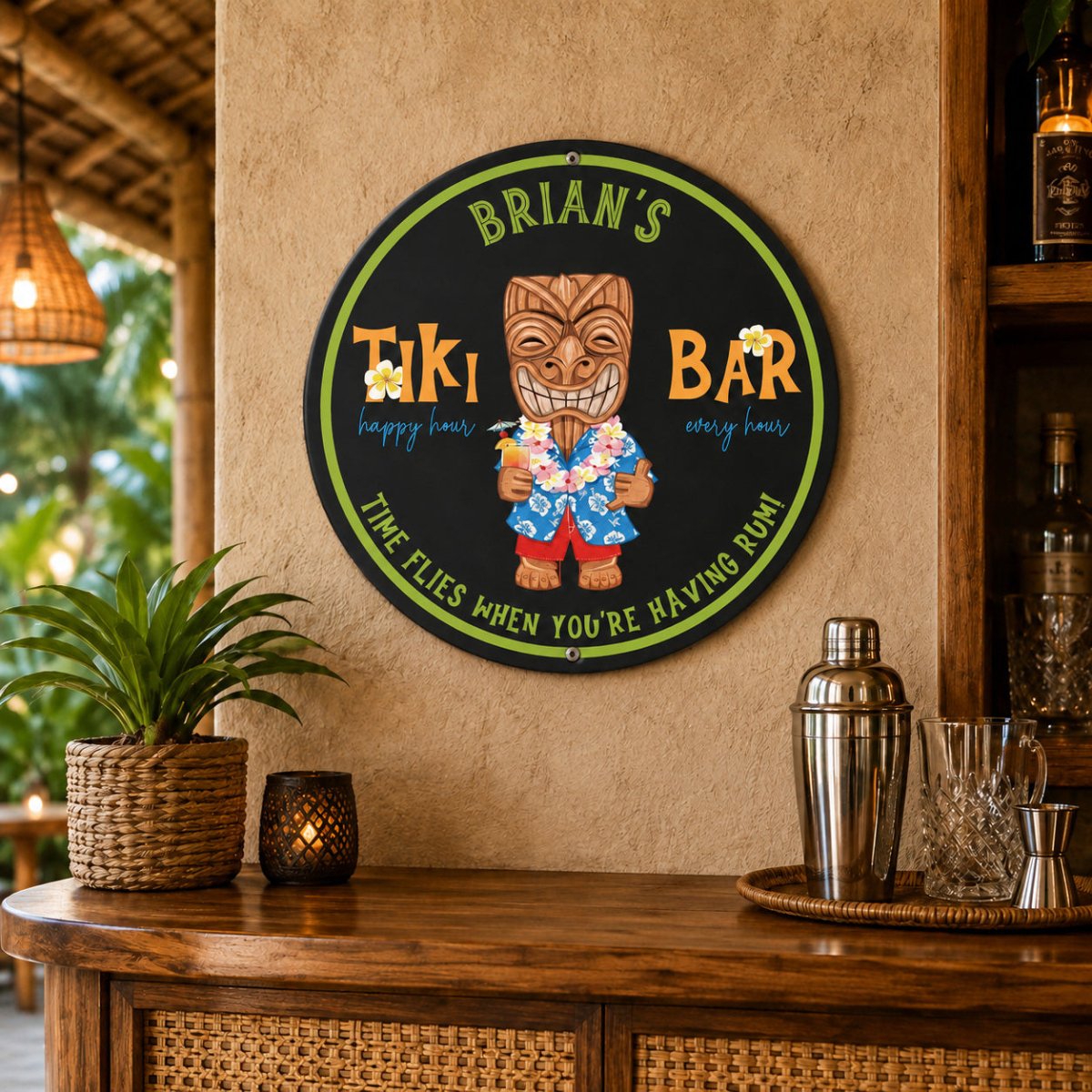 A round sign on a wall that says "BRIAN'S Tiki BAR every hour" with a tiki statue and a tiki-themed design.