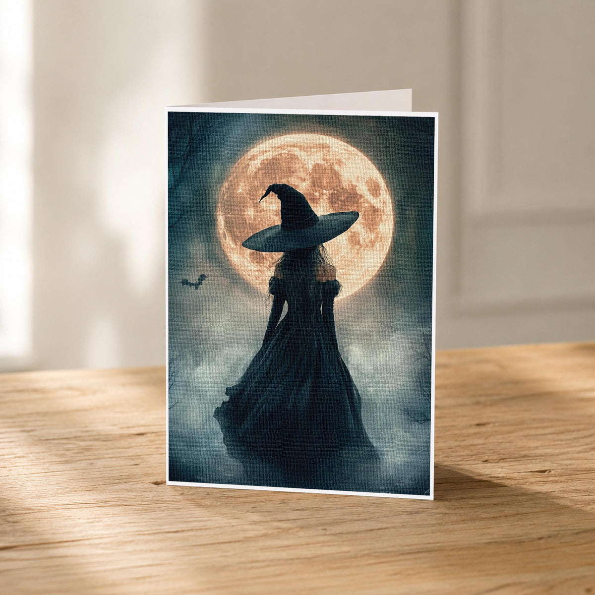 5x7 halloween witch and bat blank note card standing upright on linen stock