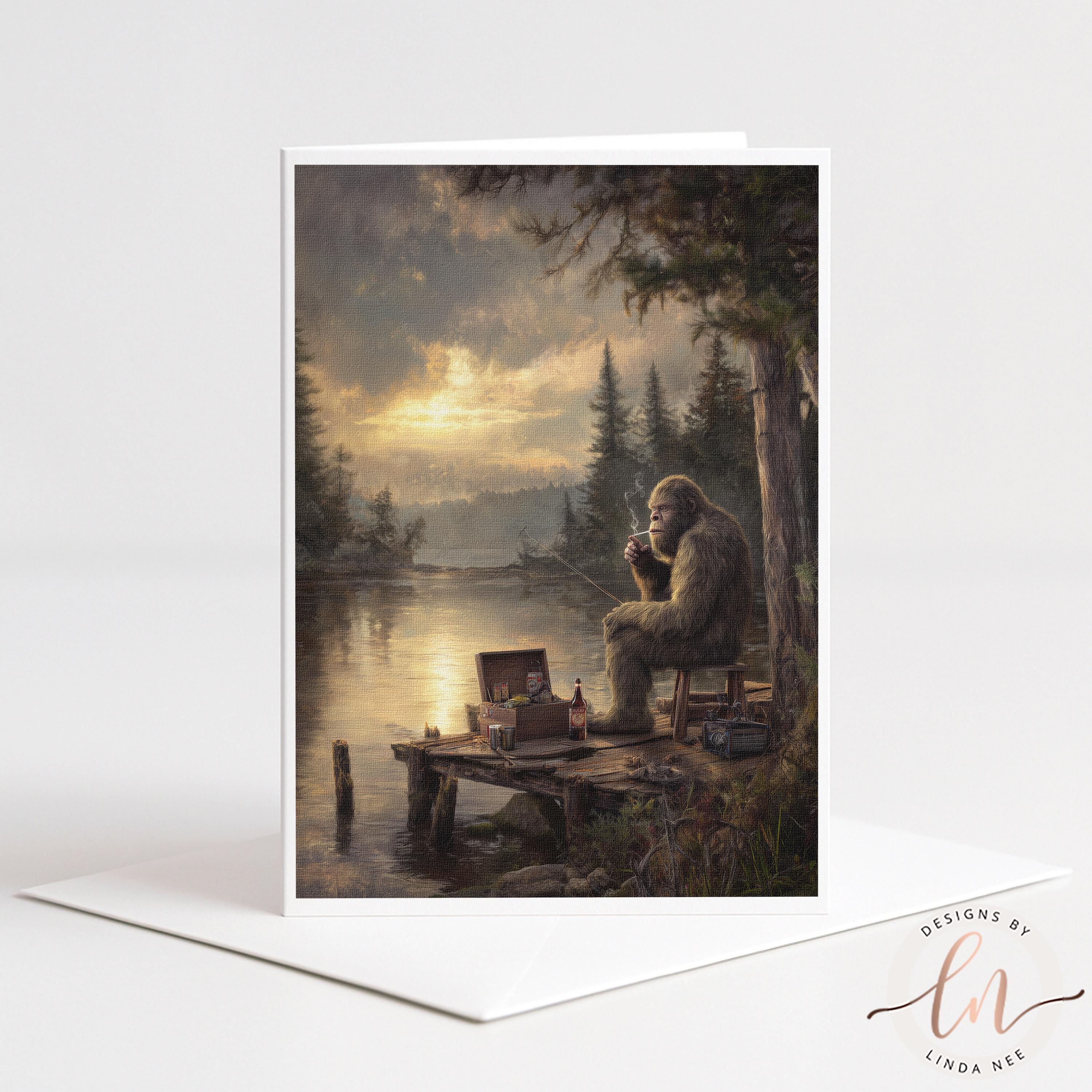 A painting of Bigfoot sitting on a dock by a lake, surrounded by trees and a cloudy sky.