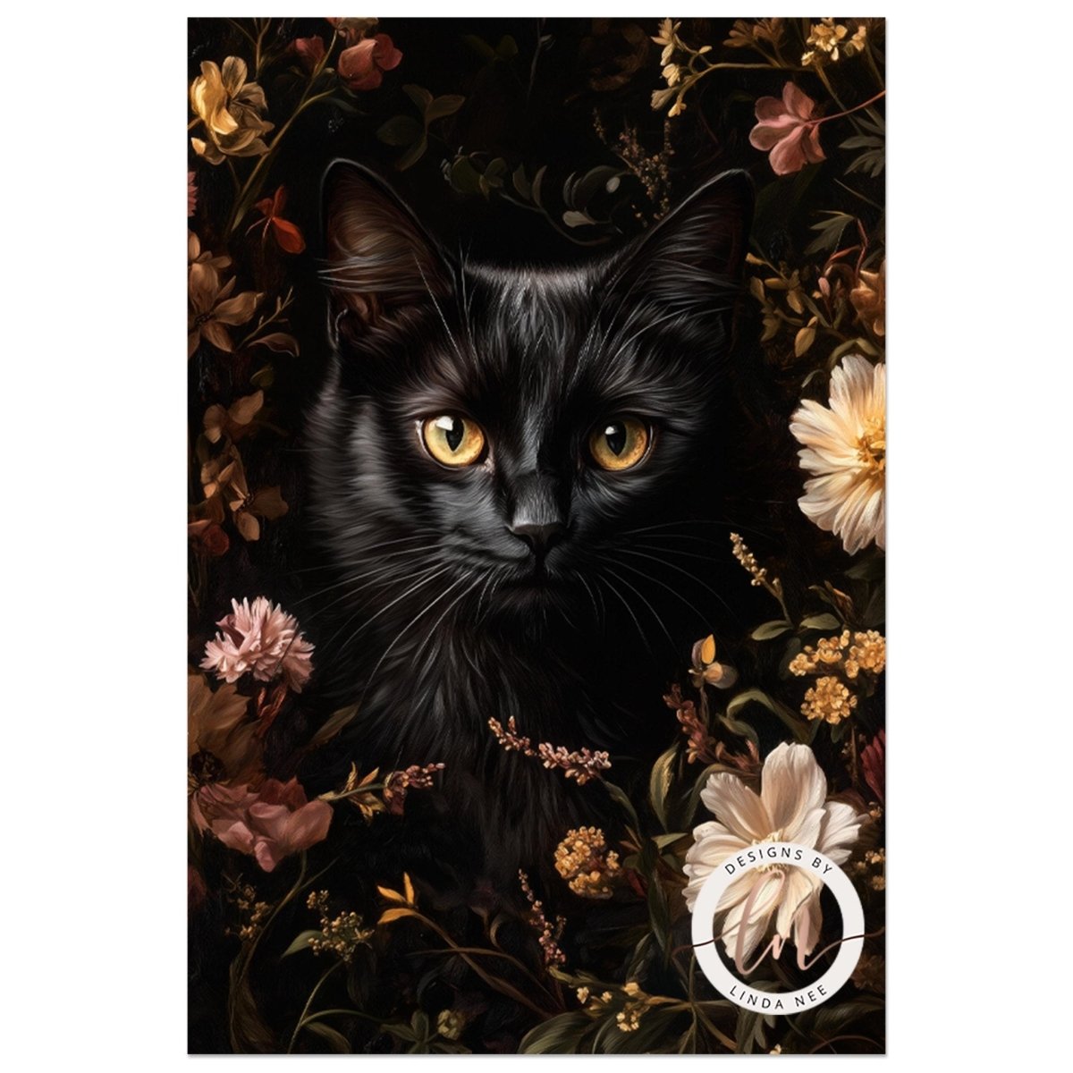 Close up of a black cat with yellow eyes surrounded by floral arrangement