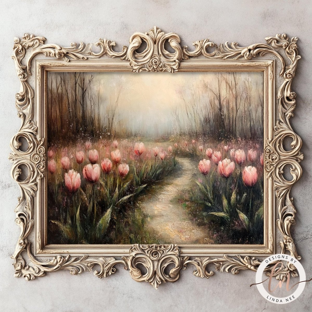 The image is a painting of a field of pink tulips, framed in an ornate, decorative wooden frame.