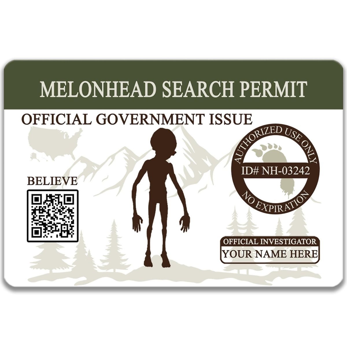 The image is a search permit for the Melonhead area, featuring a silhouette of a person and a mountain landscape.
