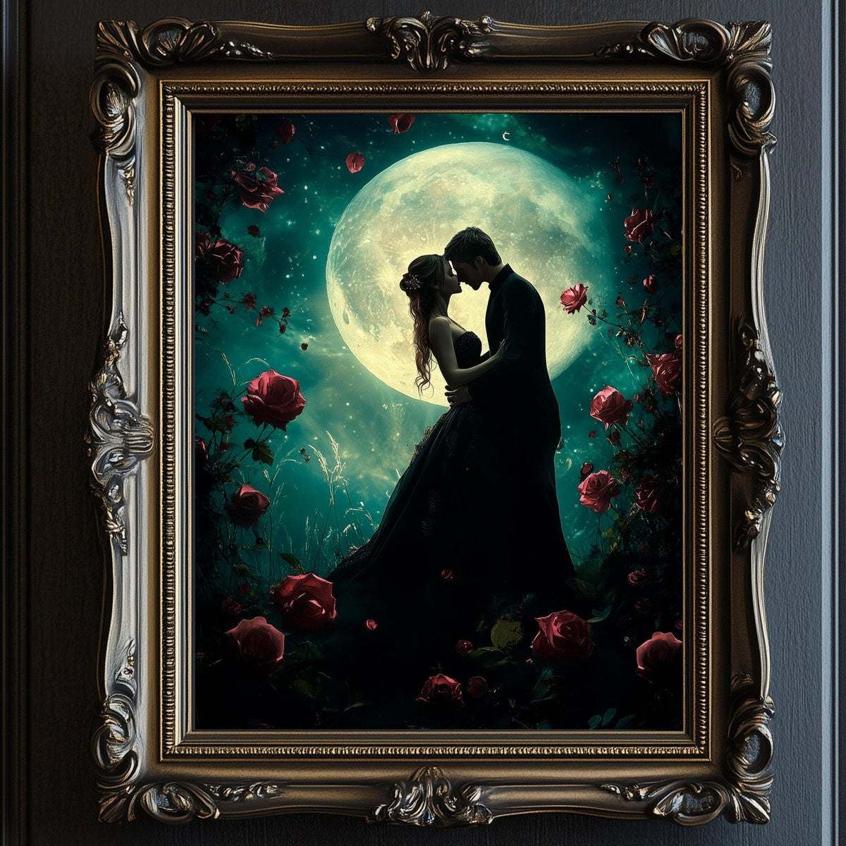 A romantic couple embracing under a large, full moon surrounded by a garden filled with red roses.