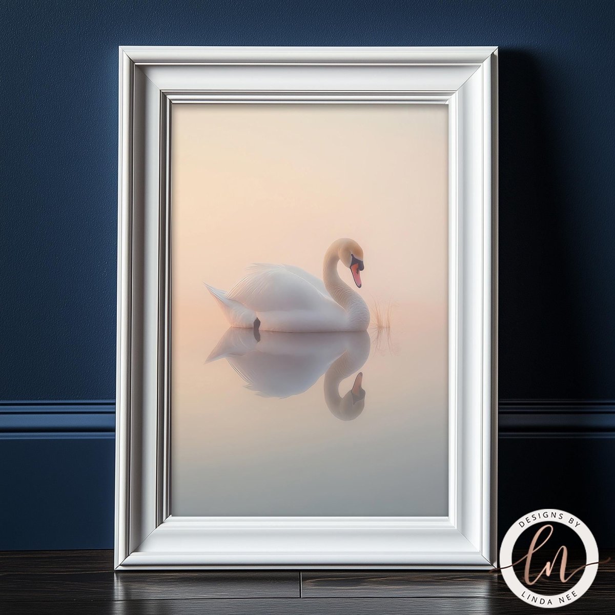 A white swan gracefully floating on a calm body of water, its reflection perfectly mirrored in the still surface.