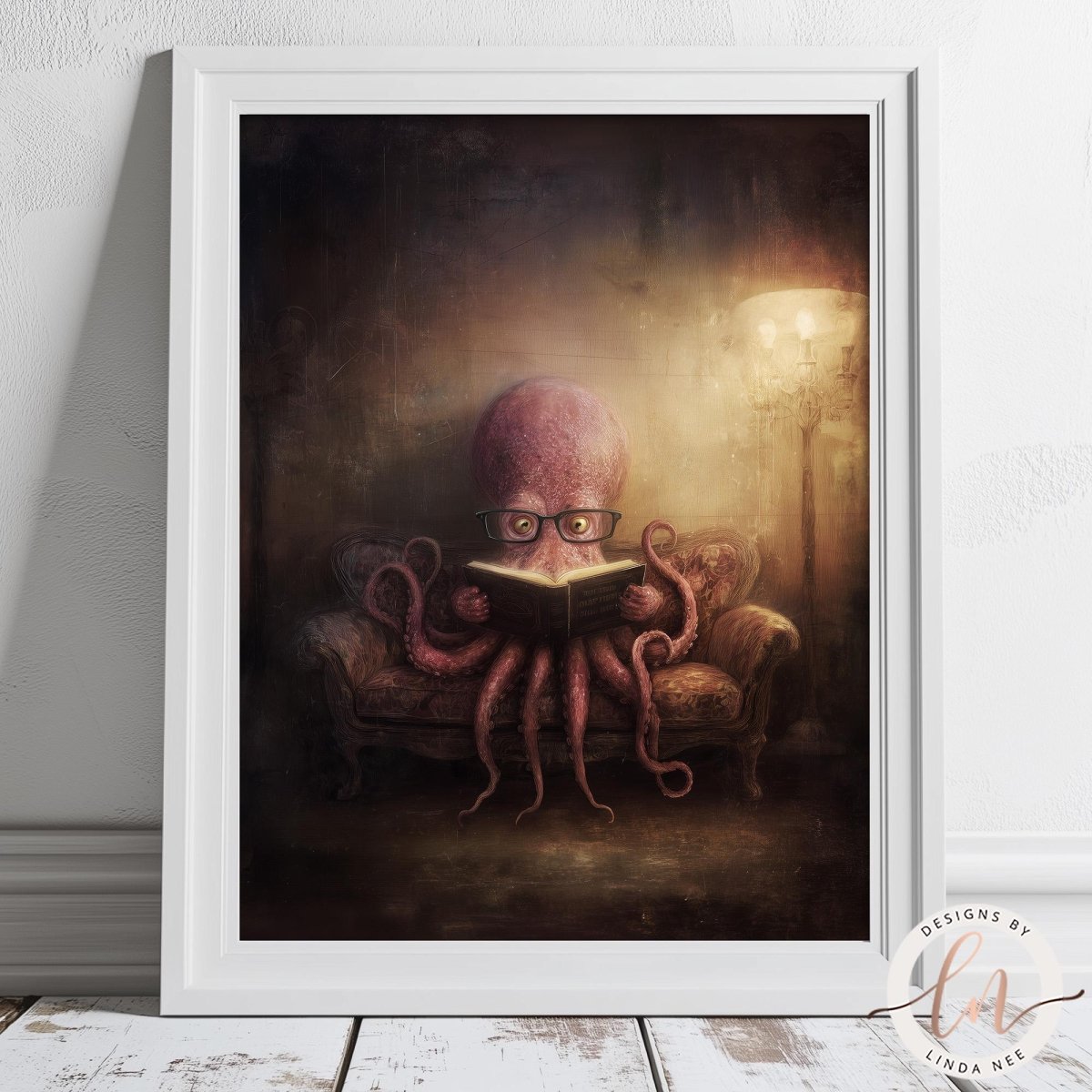A large, pink octopus is sitting on a couch and reading a book, with a lamp in the background.