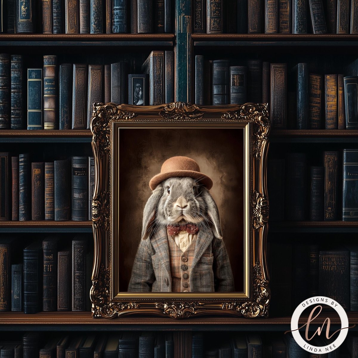 A framed image of a rabbit wearing a hat and coat, set against a backdrop of bookshelves filled with books.