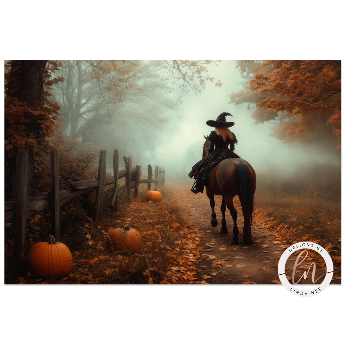 A woman dressed as a witch rides a horse down a path lined with pumpkins, surrounded by a foggy, autumnal landscape.