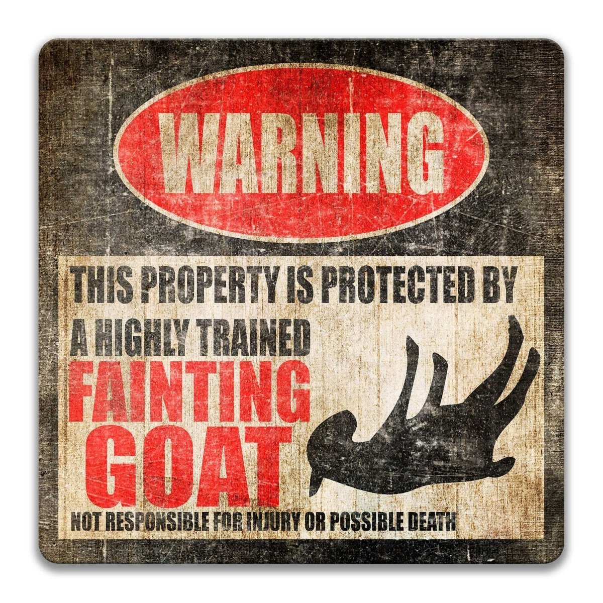 Fainting Goat warning sign, red WARNING banner and large fainting goat silhouette, funny Fainting Goat lover gift, aluminum with rounded corners
