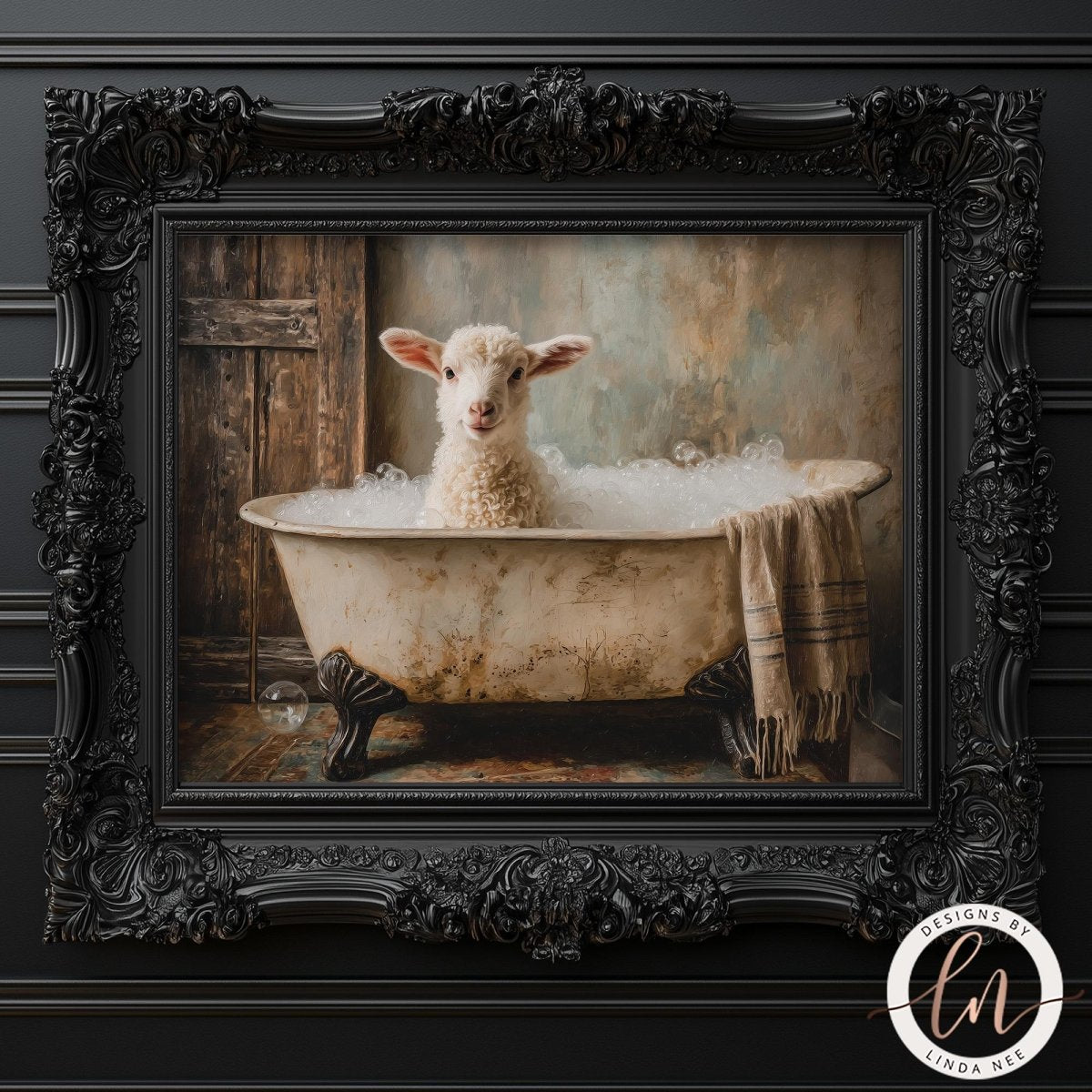 A white lamb sitting in a bathtub filled with bubbles, surrounded by a wooden door and a towel.