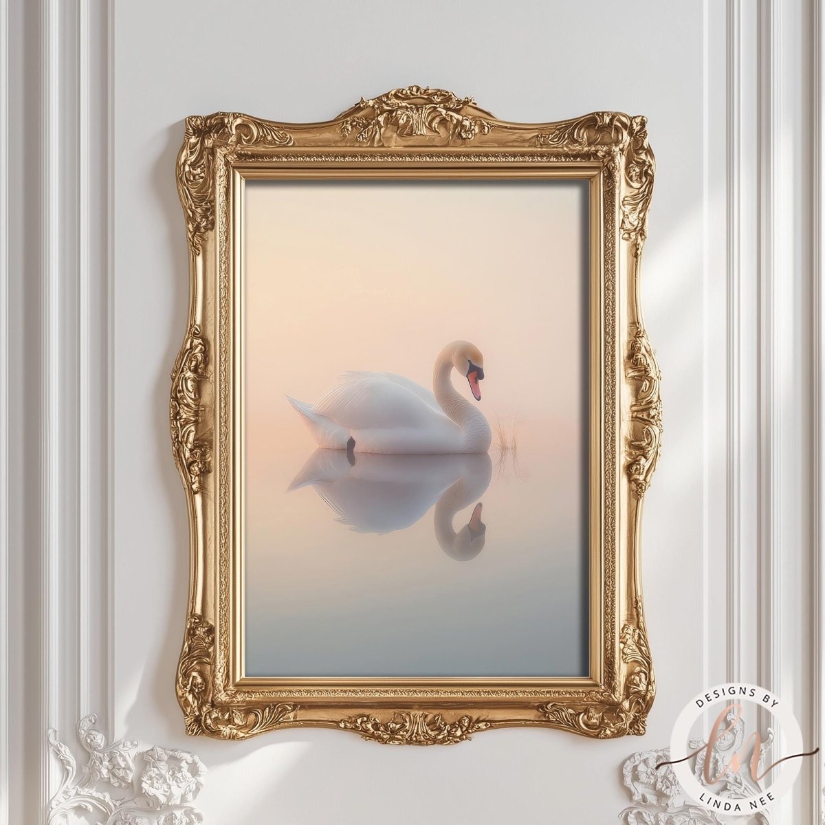 A framed image of a white swan swimming in a calm body of water, with a golden ornate frame.
