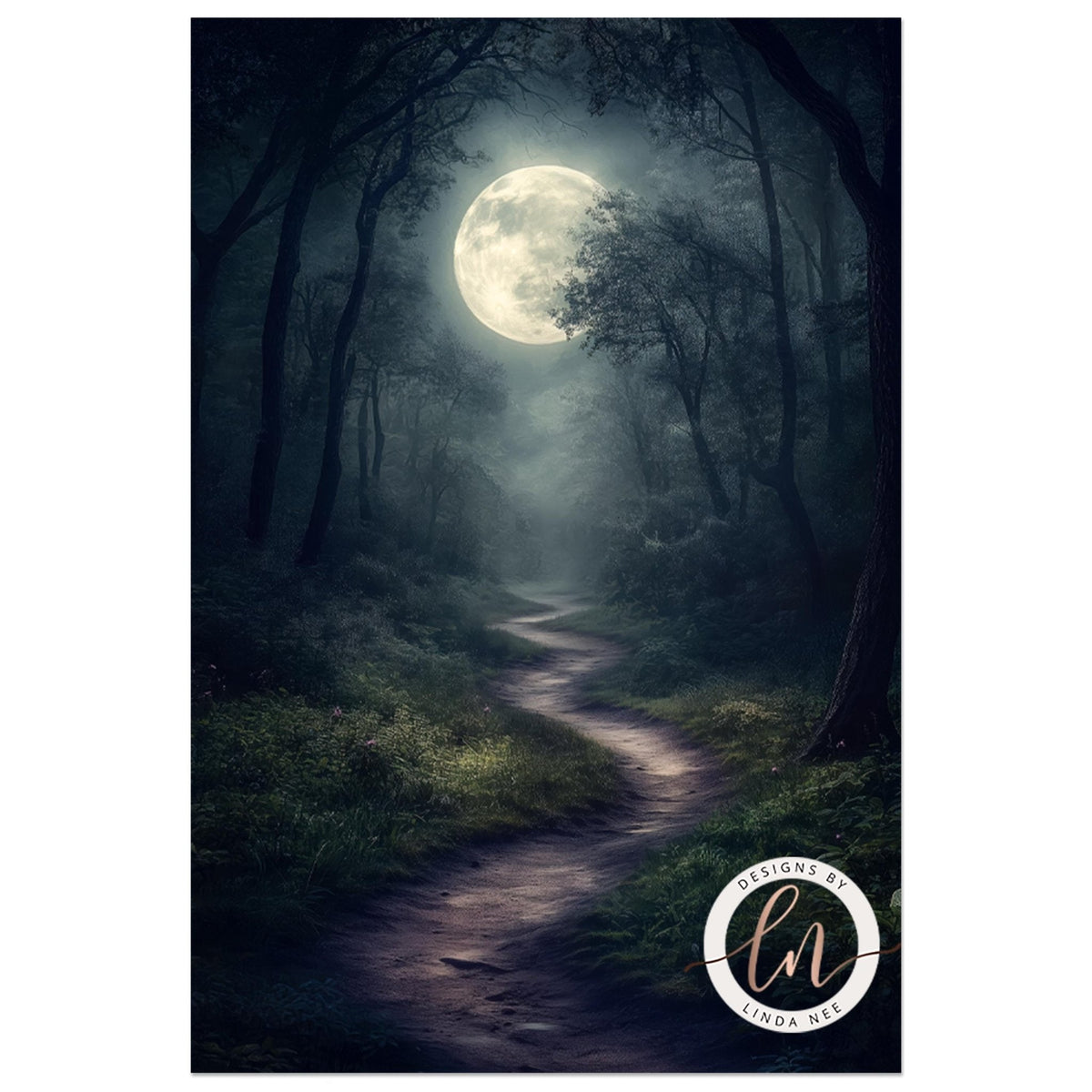 A framed image depicting a winding path leading through a dense, dark forest with a full moon illuminating the scene.