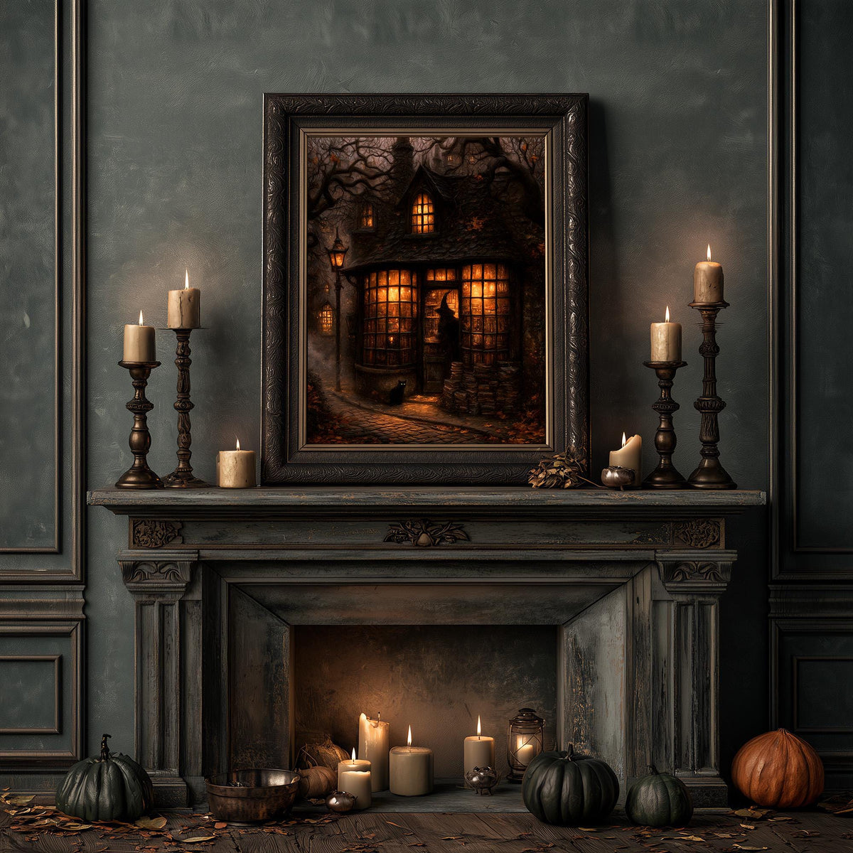 Bookish art print above a fireplace dressed with candles and small pumpkins