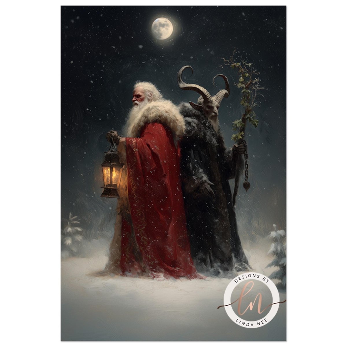 Santa holding a lantern beside Krampus with a staff in a moonlit snowy landscape