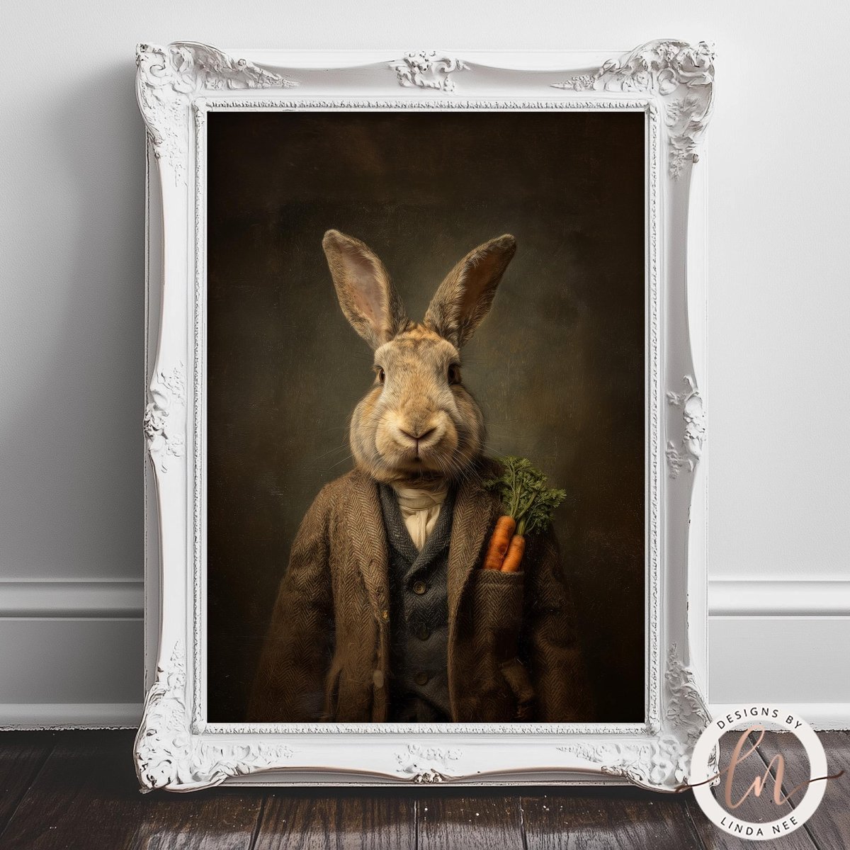 A framed image of a rabbit wearing a brown suit and holding a bunch of carrots.