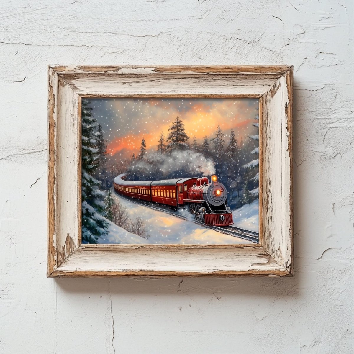 A red steam locomotive pulling passenger cars travels through a snowy landscape, with snowflakes falling in the background and a warm, orange sunset casting a glow over the scene.