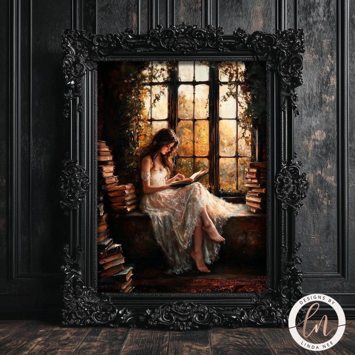 Woman sitting on a windowsill reading surrounded by books