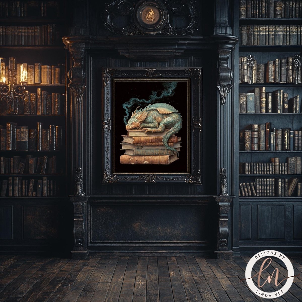 a dark, ornate room with a large bookshelf filled with books. The focal point of the room is a framed painting of a sleeping dragon resting on a stack of books.