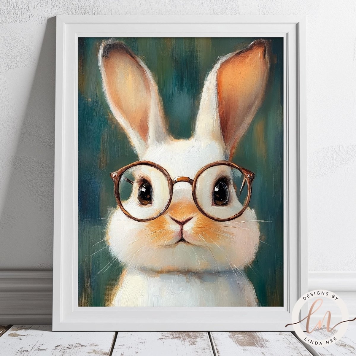 A painting of a white rabbit wearing glasses against a green background.