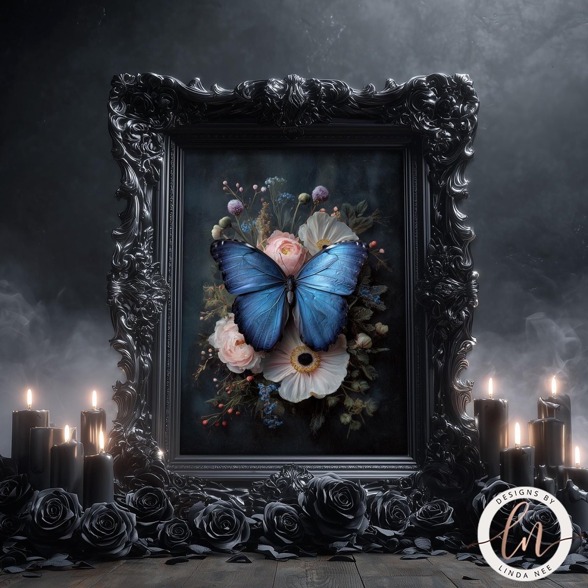 a large, ornate black frame with a blue butterfly resting on a floral arrangement. Surrounding the frame are black candles, creating a dark and mysterious atmosphere.